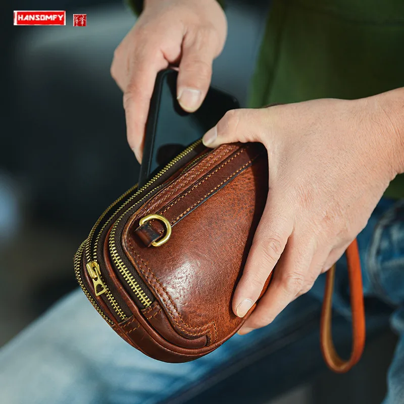 High-End Handmade!! Italian Imported Cowhide Leather Men Clutch Bag Large Capacity Long Purses Multi-Layer Mobile Phone Handbag