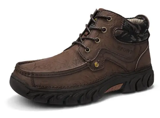 no fur Big size 48 Genuine Leather Men Warm Plush Boots Winter Waterproof Ankle Boots Riding Boots Outdoor Working Snow Oxfords Shoes - Color: no fur