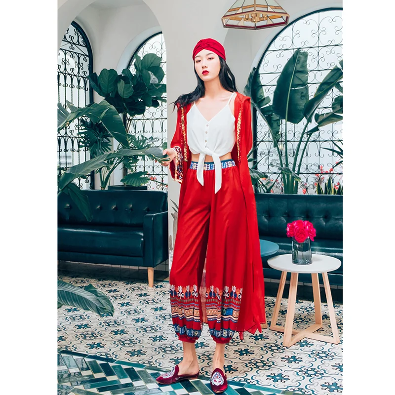 

Summer retro ethnic printed wide-leg pants casual women's pants red embroidery elastic waist cropped trousers