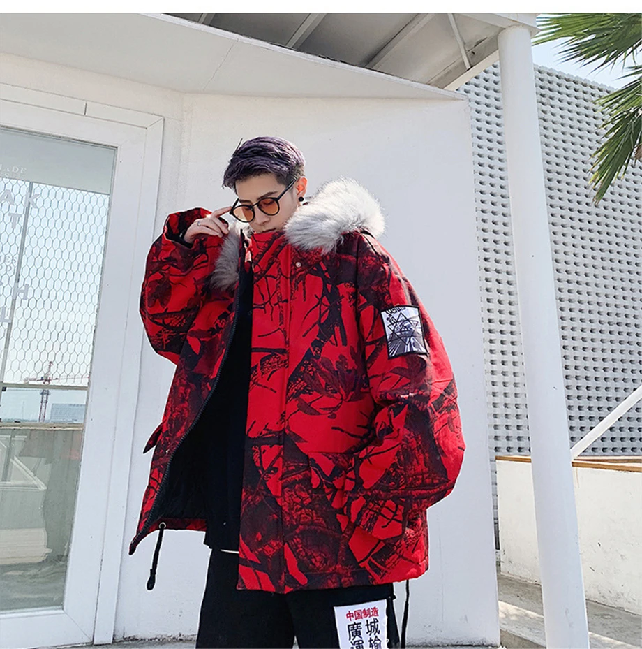 Winter Hip Hop Parkas Men Camouflage Jackets Fur Collar Hooded Thick Windbreaker Coats Outwear Streetwear Plus Size HZ158