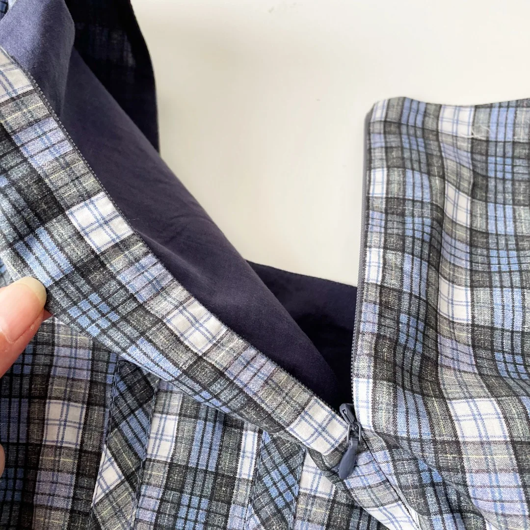 

Square Neckline Lantern Sleeve British Blue Plaid High Waist Retro Dress Princess Dress