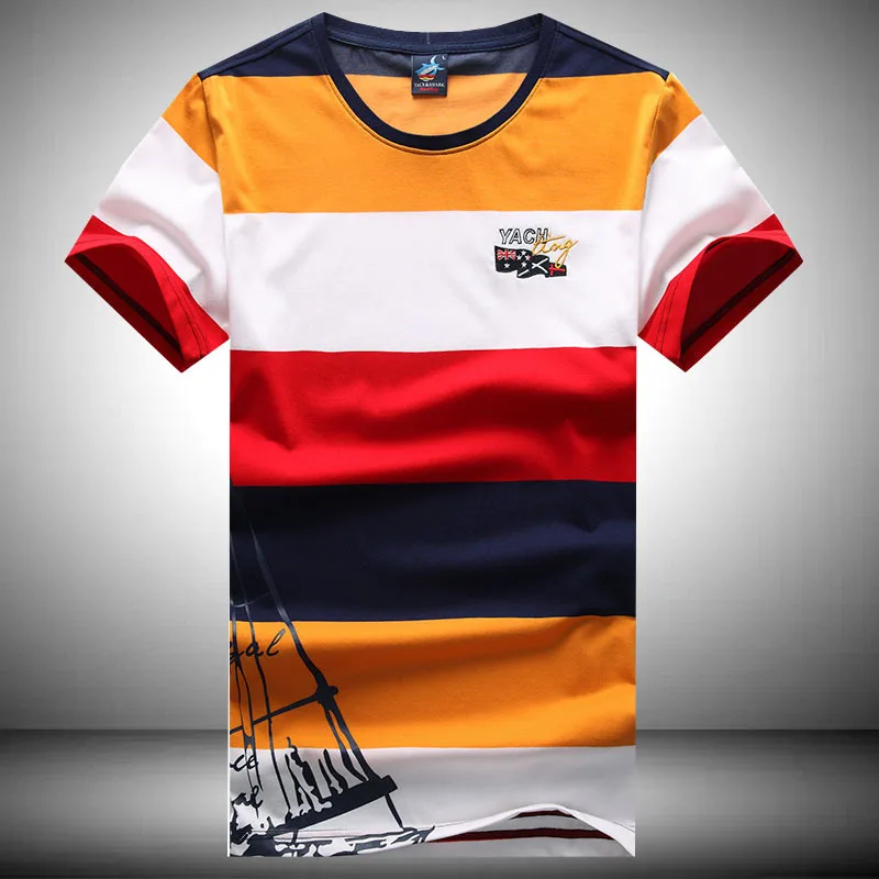 

Мужская хлопковая футболка в полоску, с круглым вырезом и коротким рукавом