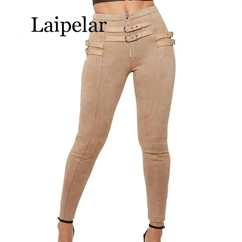 

Women Slim Pants Wild Sexy Street Long Pant Lady Autumn High Waist Casual Trousers Suede Pencil Pants Breathable Bottoms Buckle