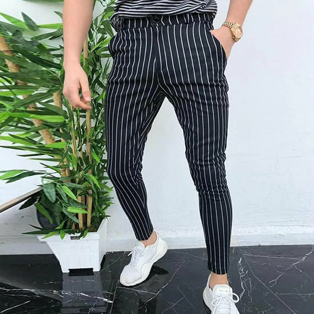 

Men Stripe Pants Slim Fit Business Formal Long Trousers Male Casual Office Skinny Straight Fashion Sweat Joggers