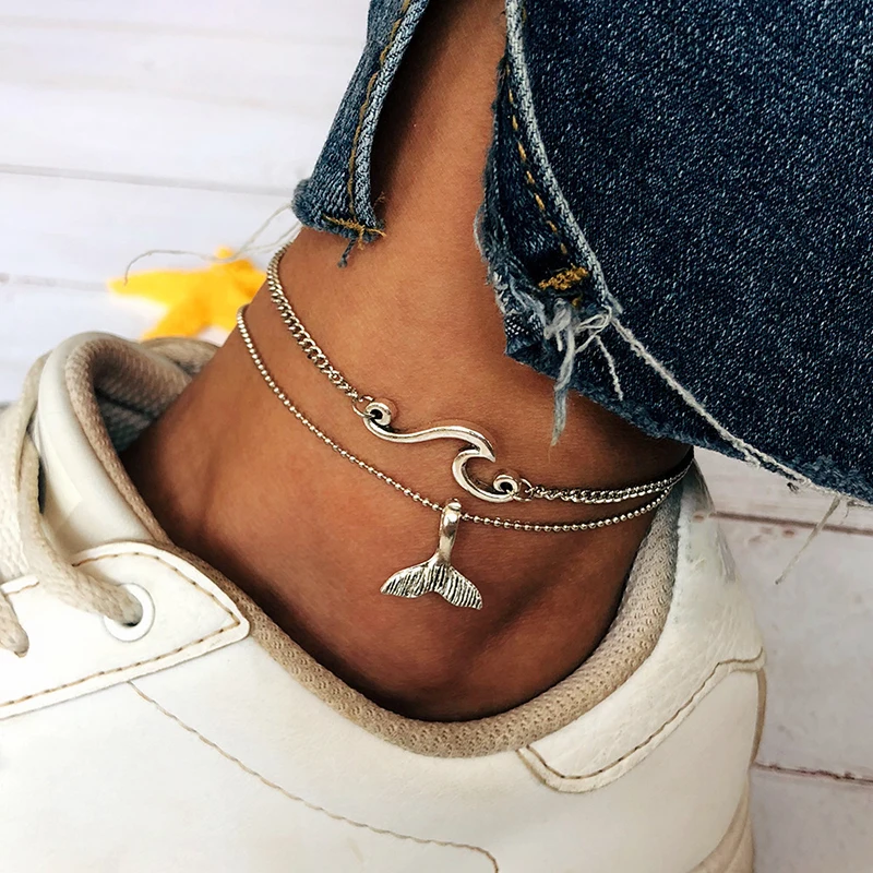 

Changyi 2021 Trend Women Fish Tail Anklet Chain Multi-layers Boho Jewelry Beach Wave Foot Chain Anklets Mother's Day Best Gift