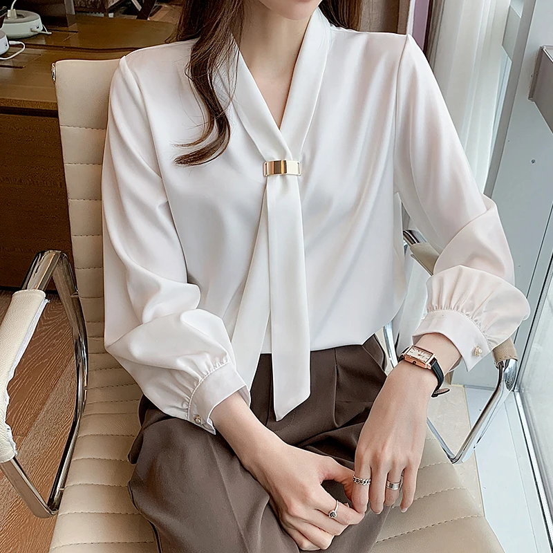 

Houthion New Long-sleeved Blouse Casual Fashion V-neck Blouses Chiffon High-end Top Comfortable Summer Lady Shirts