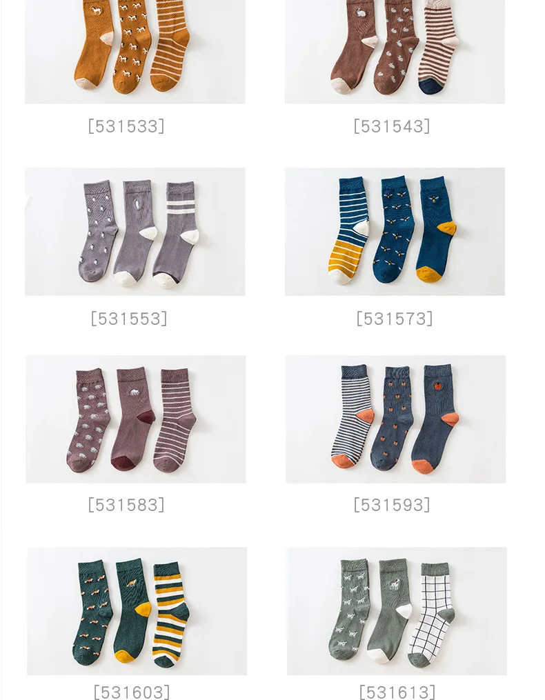 Caramella Men's Crew Socks Cotton Made Animal Jacquard Embroidery Socks Cotton 3 Pairs/Lot