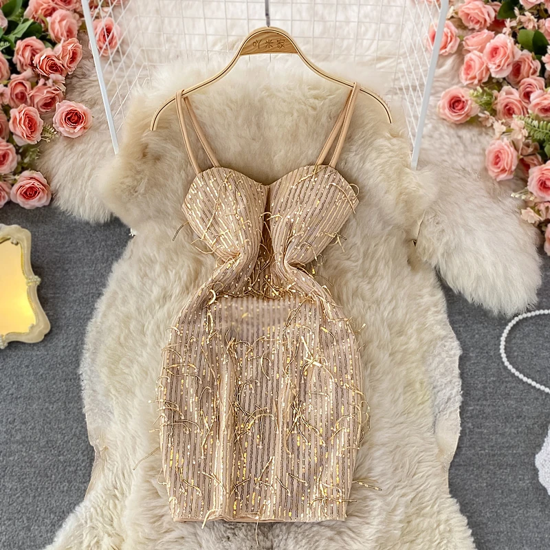 

Autumn Black/Khaki Sequins Bodycon Dress Women Elegant Tassel Spaghetti Strap Mini Robe Female Club Party Vestidos New Fashion