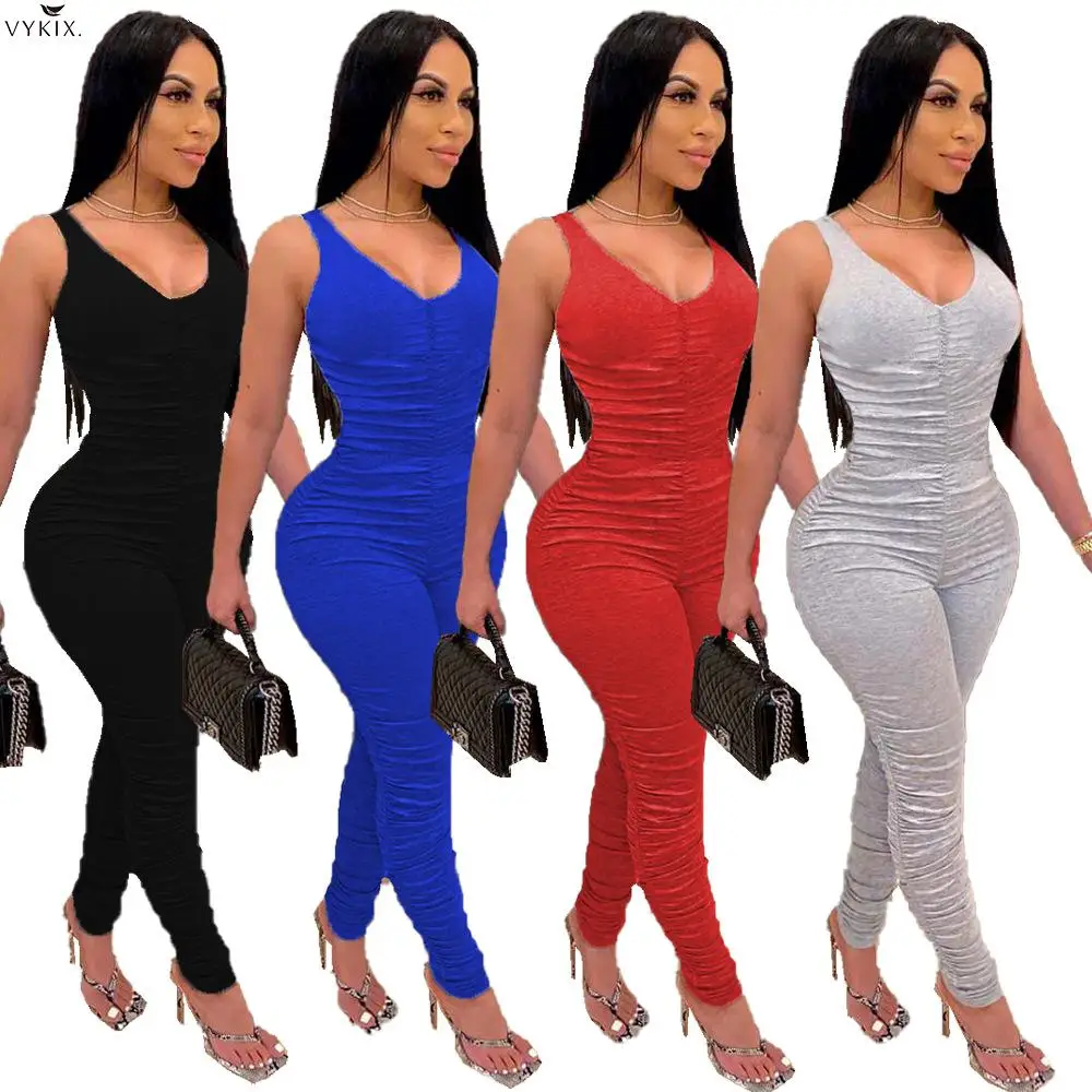 

2020 New Women Casual Solid Sleeveless Tank Open Back Stacked Jumpsuit Sexy Party Club Night One Piece Overalls Romper Playsuits