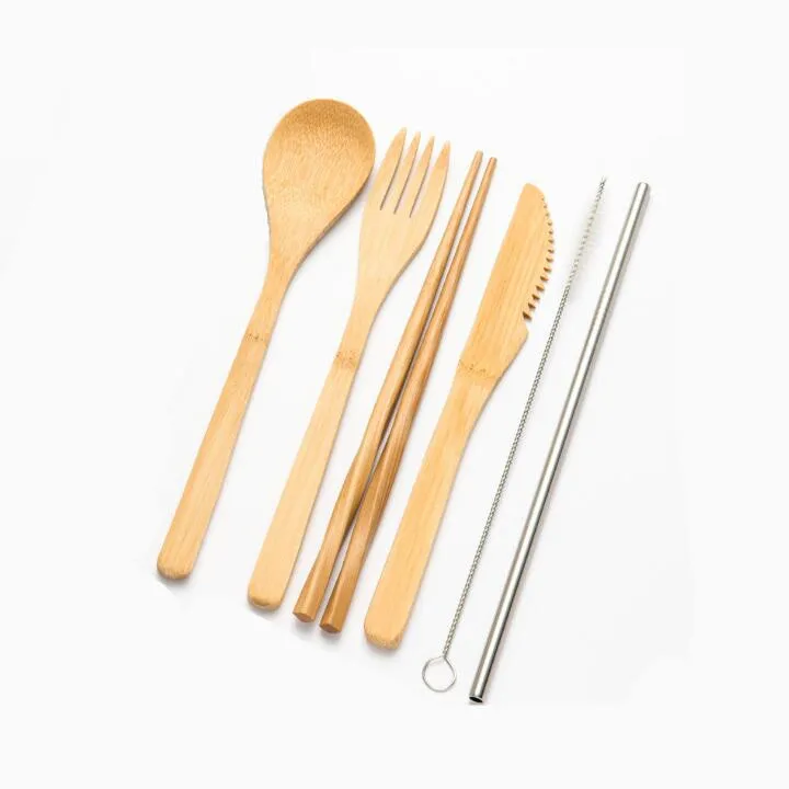 6pcs set2 Портативный экологичный набор столовых приборов, бамбуковый набор столовых приборов, набор ножей, вилок, ложек, многоразовые трубочки, палочки для еды, Бамбуковая посуда для путешествий - Цвет: 6pcs set2