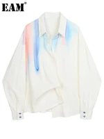 eam women white pattern printed big size blouse new lapel long sleeve loose fit shirt fashion tide spring summer 2021 1de0293