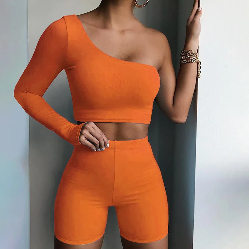 

Autumn Solid Women Sports Sets Sexy Dew Shoulder Sleeve Backless Skinny Crop Tops High Waist Shorts For Nightclub Party Wear