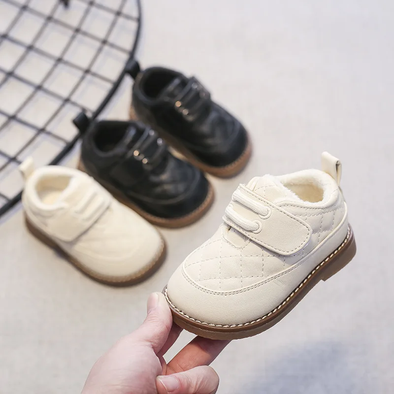 

Baby Girls Wedding Party Shoes Children Toddler Baby T Strap Shoes Anti-slippery Velvet Winter Leather Shoes Plaid Upper E11182