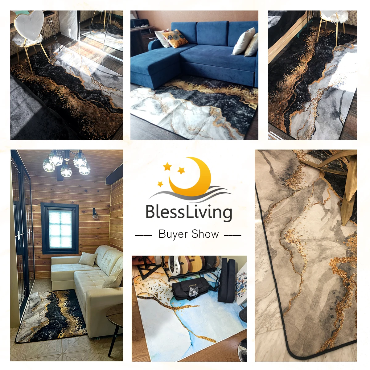BlessLiving Luxury Area Rug For Living Room Gold Glitter Marble Center Black Grey Modern Bedroom Carpet 122x183cm Drop Ship | Дом и сад