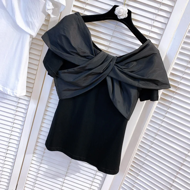 

Korean Style Cross Knot Bow T-shirt Women 2021 Summer Short Sleeve T Shirt Female Fitted Slimming Solid Cotton Tops Harajuku