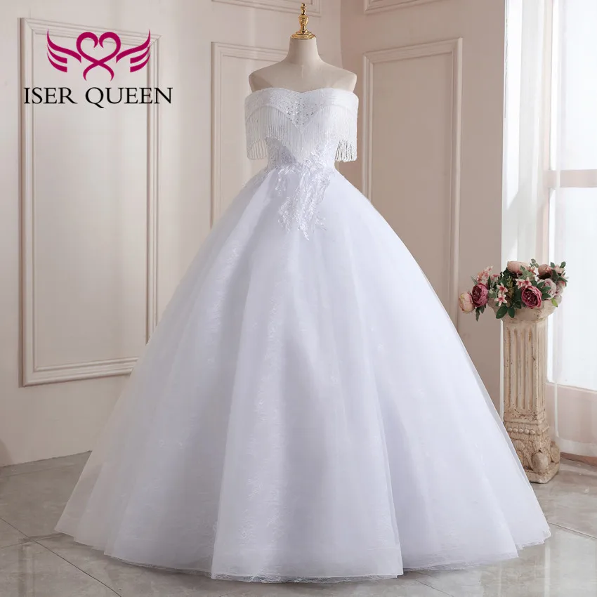 

Short Sleeves Luxury Crystal Beaded Tassel Wedding Dress Off Shoulder Princess Bridal Gown White Wedding Dresses WX0213