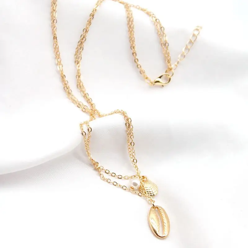 

2021 New Fashion Simple Personality Plain Double Shell Pearl Necklace Ladies Jewelry Pendant Necklace For Girlfriend