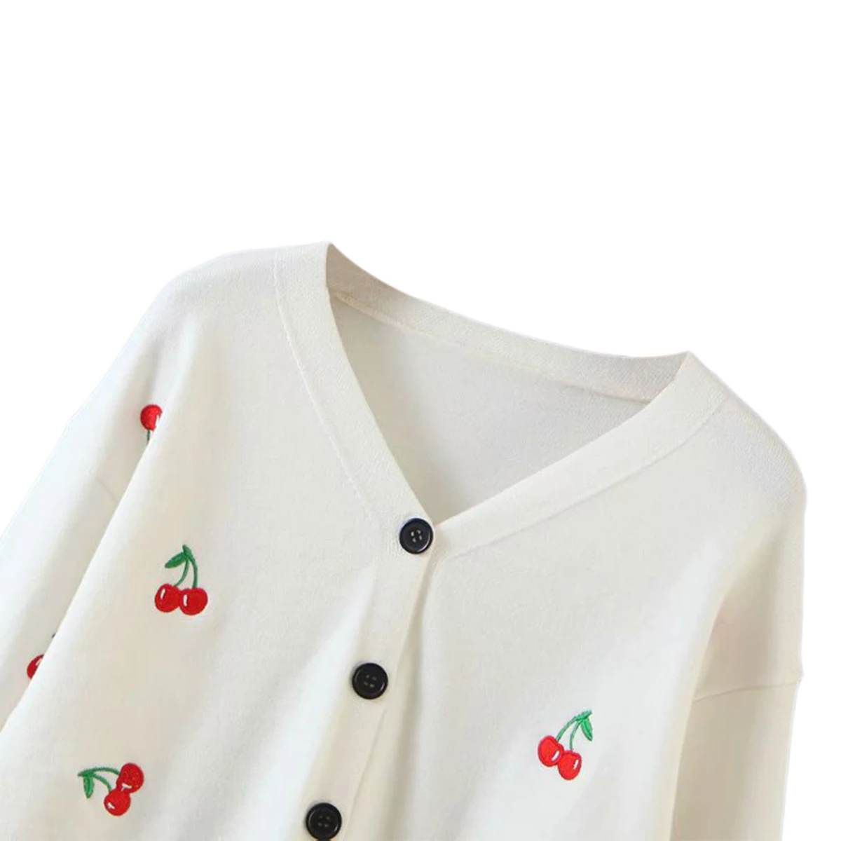 

Women Long Sleeve V-neck Sweater Cherry Embroidery Top Buttons Knit Top Young Girl Cotton Single Breasted Sweaters