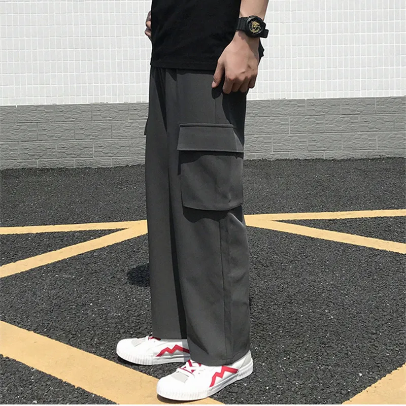 

Men Casual Pants Black Simple Straight Korean Loose All-match Vintage Wide-leg Trousers Mens Mopping Streetwear