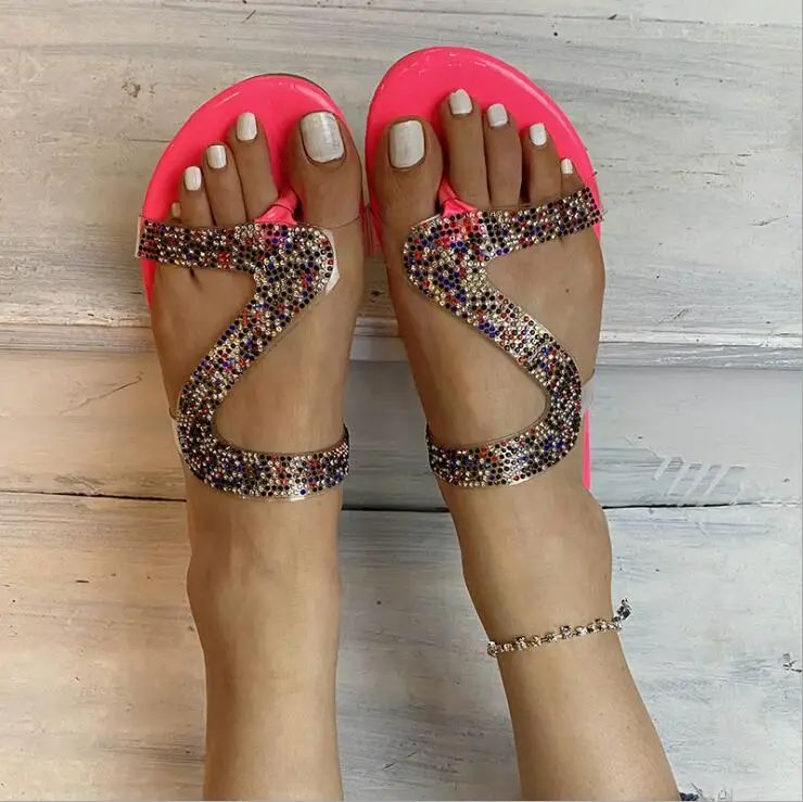 

slippers S shape ms Women's 2020 summer new flat bottom all-match low heel outer wear rhinestone flat bottom set toe sandals