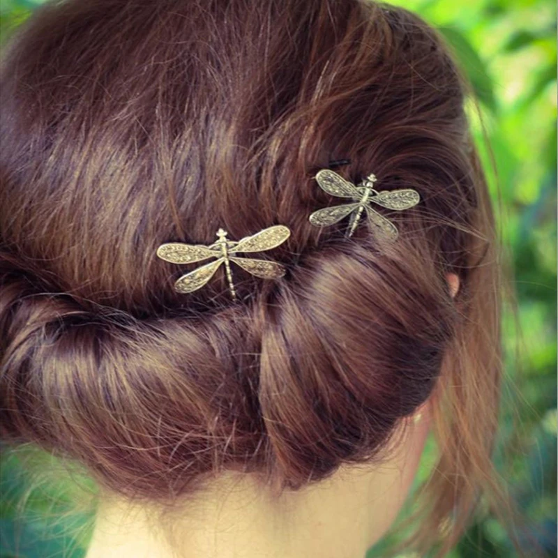 

ZHUOY 1 Pair Retro Dragonfly Hairpin Bridal Headdress Wedding Hair Accessories Ancient Silver Word Dragonfly Hair Clip Gift