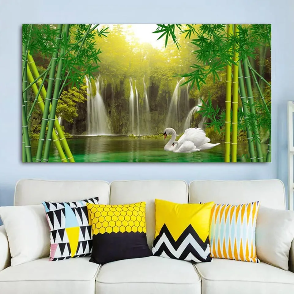 

Полный DIY 5D алмазная картина водопад озеро Лебедь Бамбук Вышивка крестом Алмазная вышивка Стразы мозаика домашний Декор картина