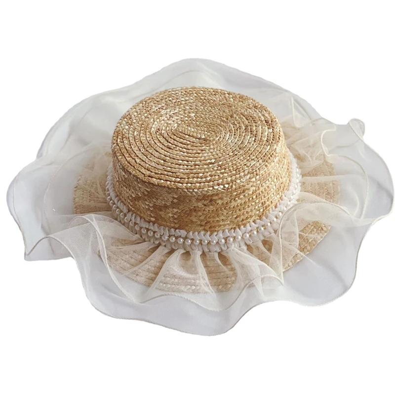 

Летняя Плетеная соломенная шляпа для девочек с жемчужными кружевами и широкими полями, детские пляжные шляпы от солнца, реквизит для детско...
