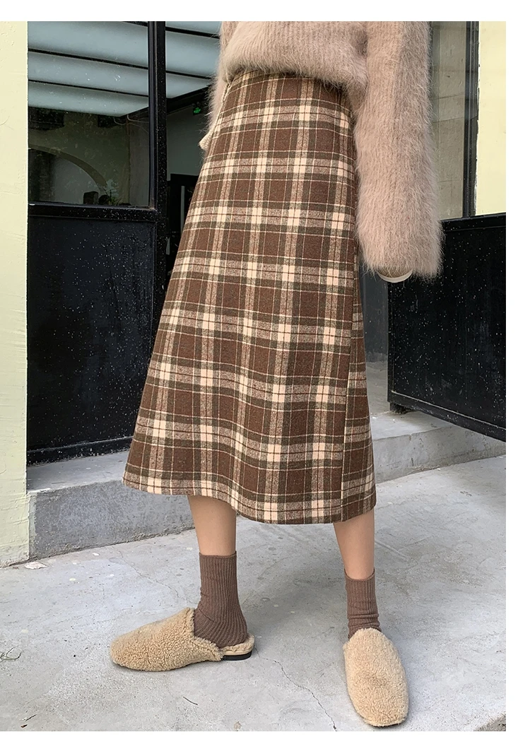 

Skirt Autumn Winter Korean Falda Mujer High Waist Woolen Cloth Plaid Skirts Plus Size Harajuk Pencil