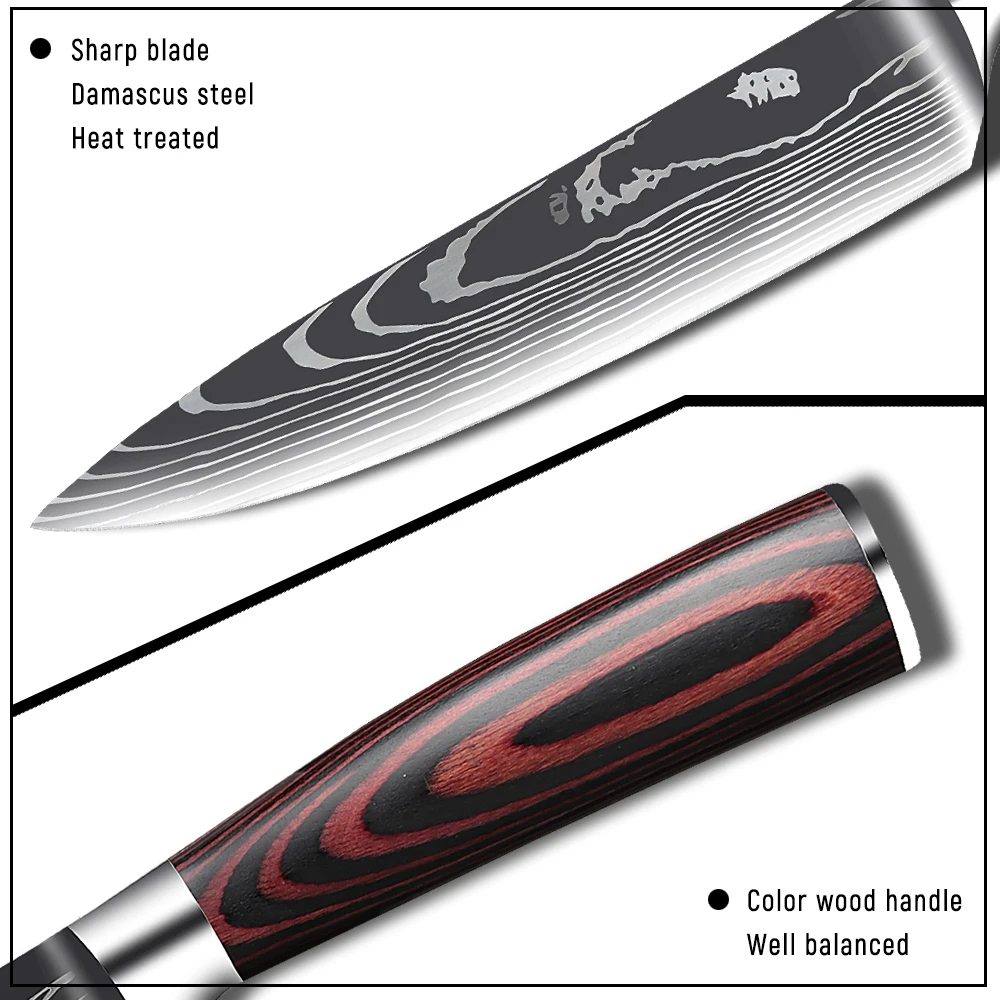 

TE ZHU 8"inch Japanese Kitchen knives-Set Laser Damascus pattern chef knife Cleaver Paring Bread Knife Cooking Tool Steak knife