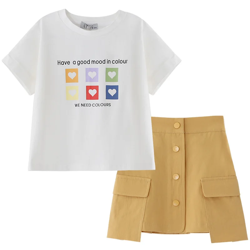 

Girls Letter Print Clothing Sets 2021 New Summer Kids Pattern T Shirts Thin Tops And Skirts Outfits 2pcs Casual Clothes Suit
