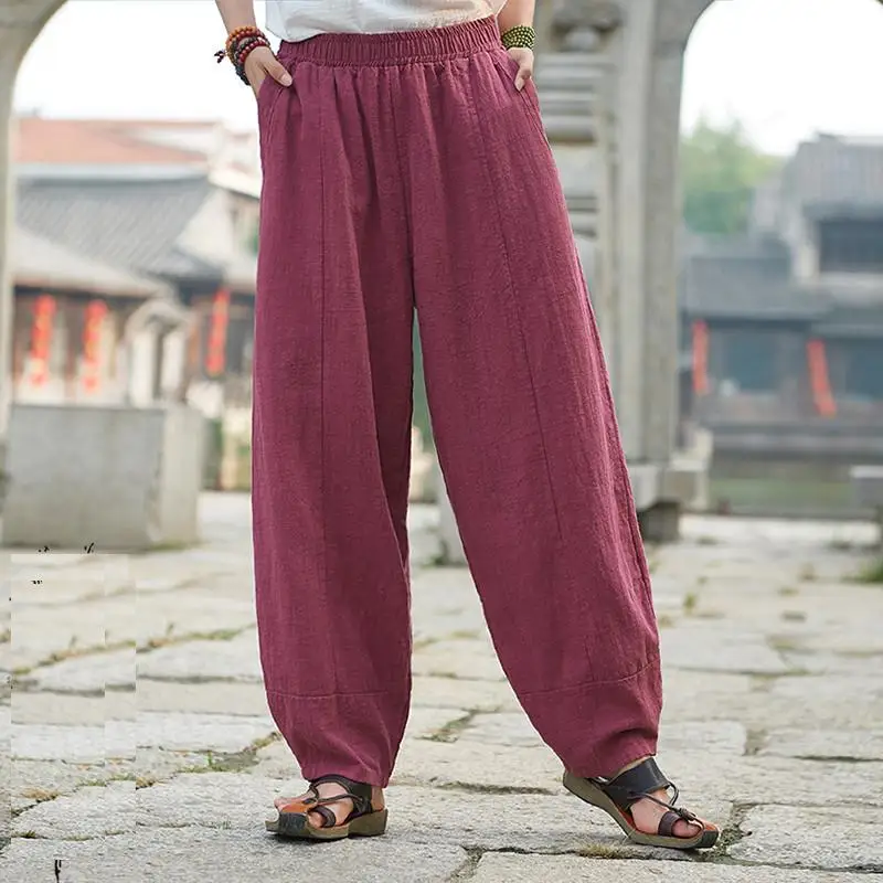 

Women 2018 autumn ramie art Pantalones loose casual pants elastic waist radish trousers cotton linen knickers wide pant