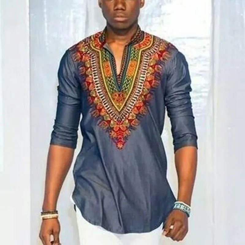 

2019 African Promotion Real Men Robe Africaine National Wind Of Printing V-neck 7 Minutes Of Sleeve T-shirt