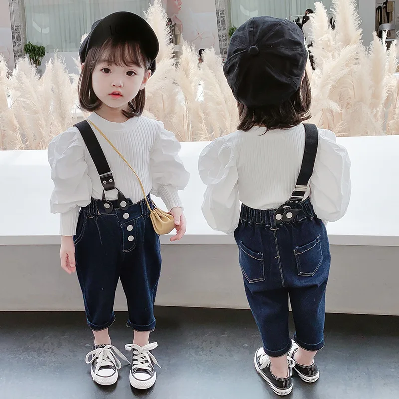 

2021 Spring And Autumn New Bubble Sleeve Bottoming Shirt Denim Single Bib Shoulder Strap Can Be Freely Disassembled