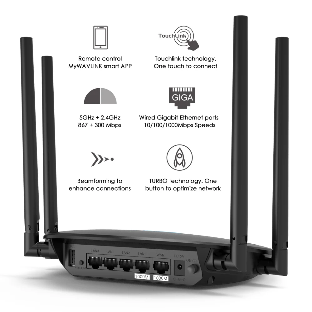 Wi-Fi-роутер Wavlink двухдиапазонный 5 ГГц 1200 Мбит/с 4 Х5 дБи |