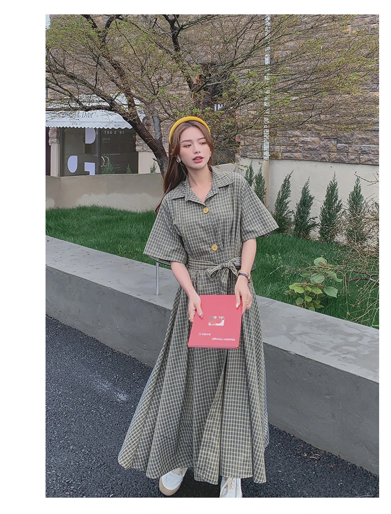 

2021 Summer New Plaid Dress Women Vintage Big Swing Slim Casual Korean Elegant Bandage Shirt Dress French Style Maxi Dresses
