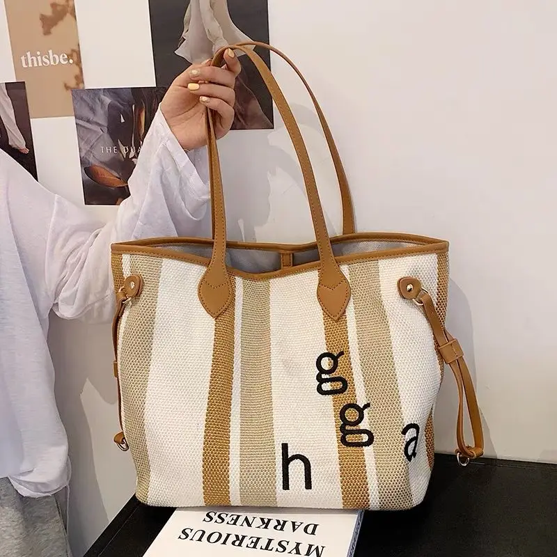 

2021 New Summer Canvas Wild Letter Printing Large-Capacity School Work Commuting Brand Luxury Wome Shoulder Portable Tote Bag