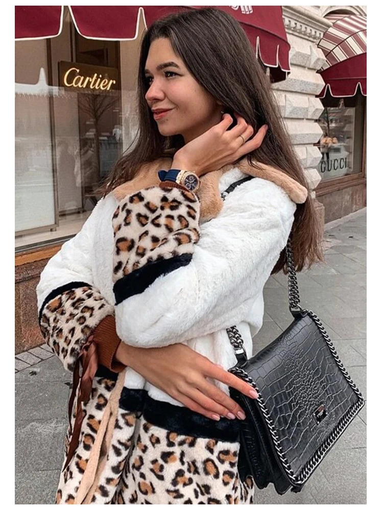 Dotfashion, разноцветное пальто с карманами, леопардовая панель, искусственный мех, плюшевое пальто, женская Повседневная зимняя одежда, женская верхняя одежда с длинным рукавом
