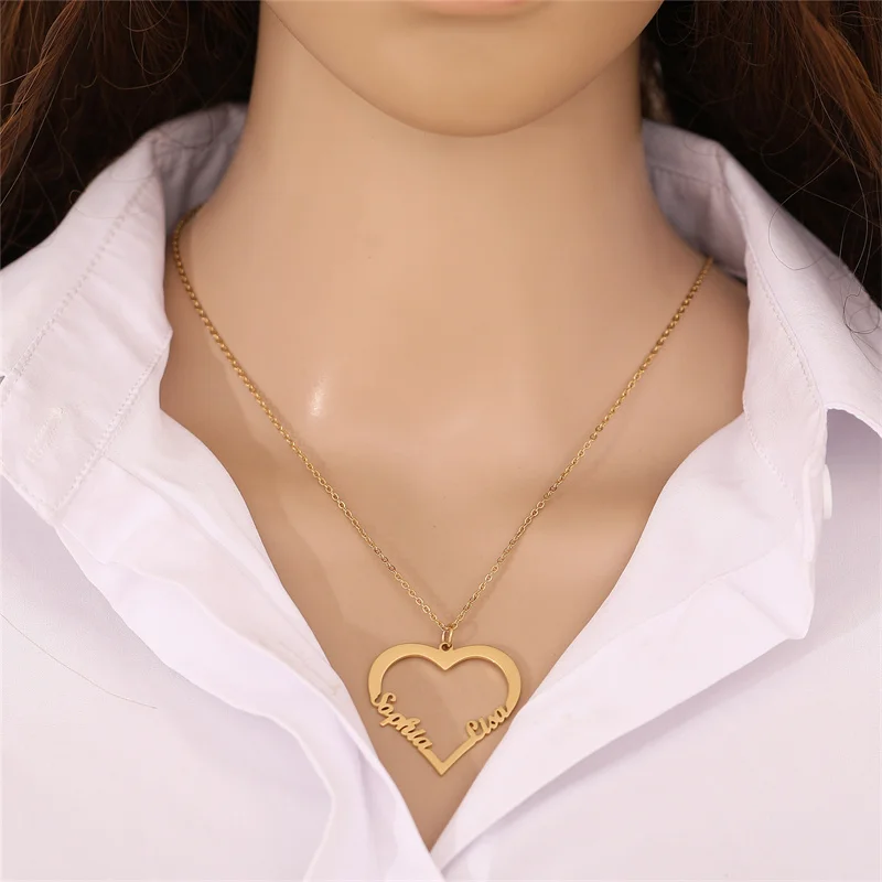

Personalized Love Heart Necklace For Women Custom 2 Name Couple Necklace Choker Fashion Stainless Steel Jewelry Gifts Wholesale
