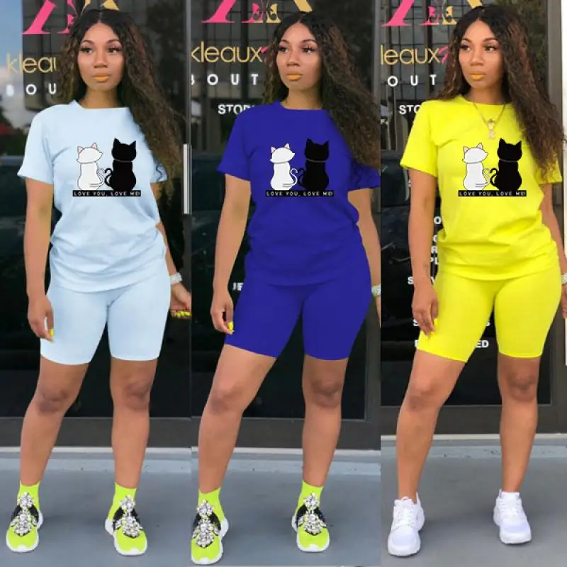 

Female O-Neck Shirts 2 Piece Set Women Shorts Suit Sports Running Jogging Cycling Clothing Women's Tracksuit Shorts Casual Sets