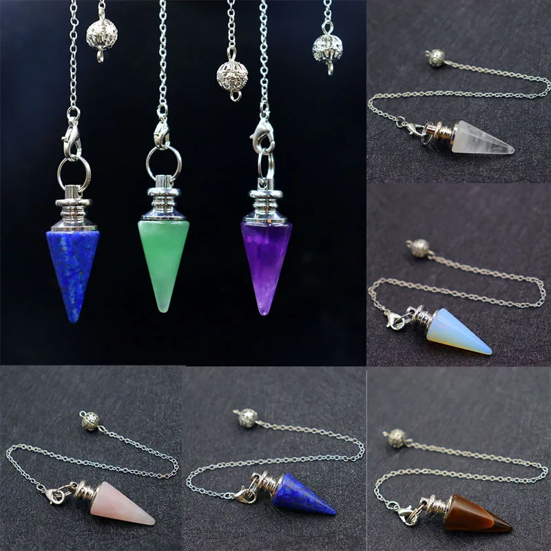 

Reiki Healing Pendulums for Dowsing Natural Stone Conical Opal White Pink Crystal Pendulum Chakra Chain Pendant Amulet Jewelry