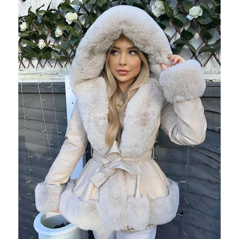 

CP Patchwork High Imitation Leather Coats Women Fashion Hooded Faux Fox Fur Jackets Women Elegant Tie Belt Slim Coats Ladie