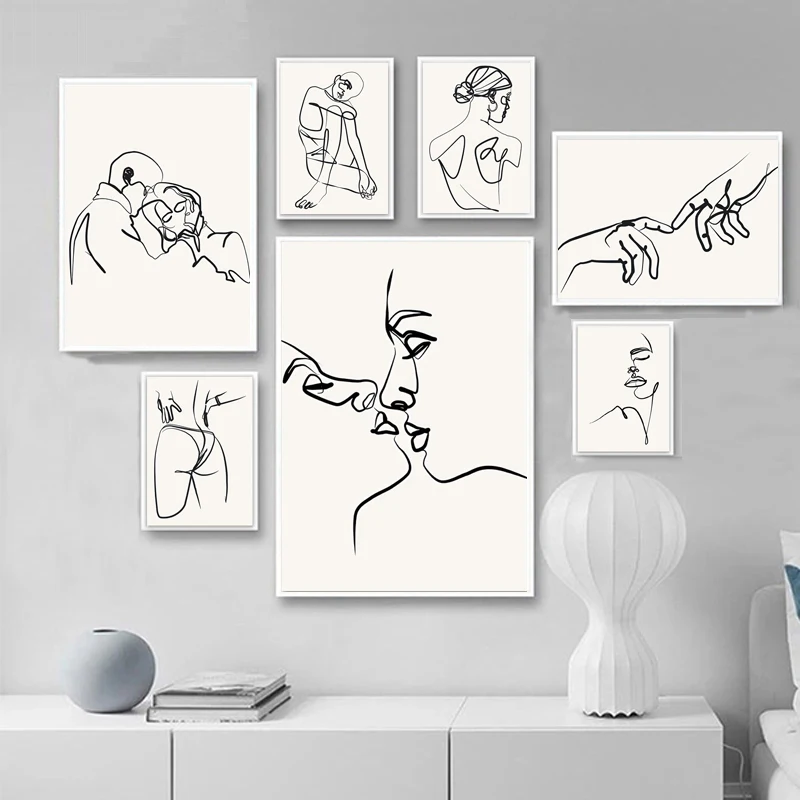 

Love Kiss Wall Art Canvas Painting Line Drawing Girl Body Hand Nordic Posters And Prints Wall Pictures For Living Room Decor