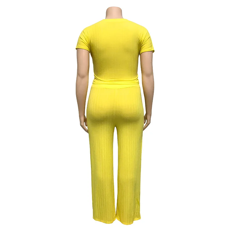 

Two Piece Set Women Plus Size 4XL 5XL Black Yellow Short Sleeve Tops and Long Elastic Pants with Sashes Slim Fit Casual Sets New
