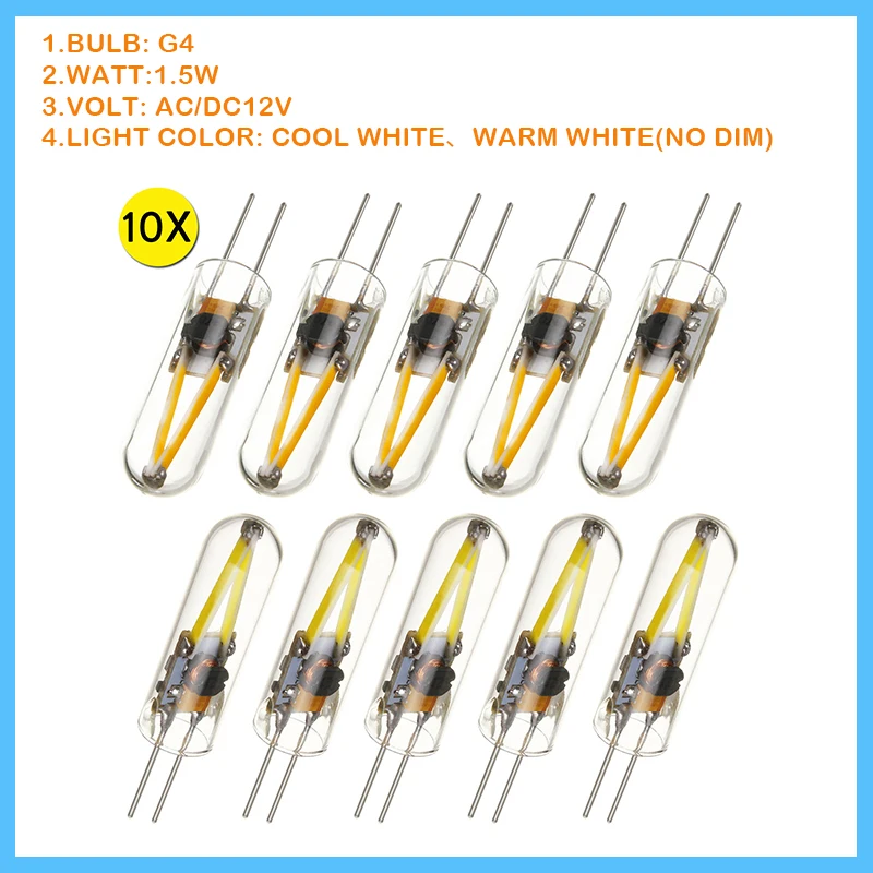 

10 шт., светодиодные мини-лампы G4, 12 В переменного/постоянного тока