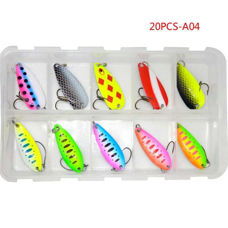 

20Pcs Spinner bait With Box Fishing lure Metal Artificial Bait Wobblers Spinner Spoon bait With Treble Hooks Fishing Tackle