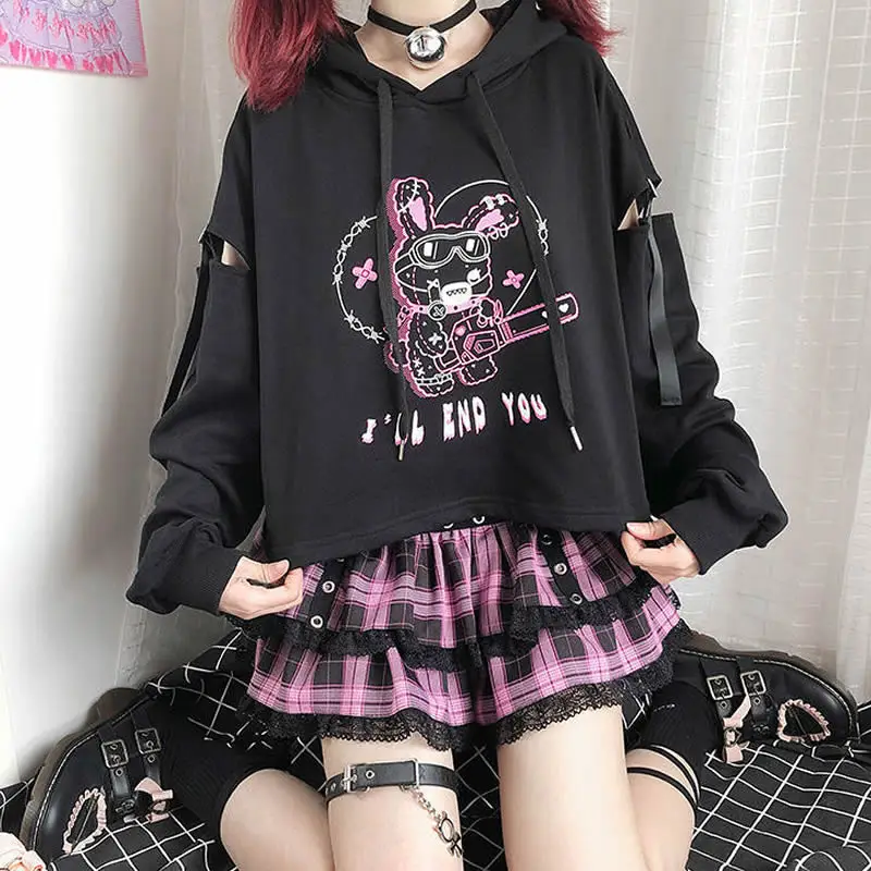 Women Harajuku Kpop Gothic Punk Alt Kawaii Sweatshirt Hoodie Bunny Print Hoody Aesthetic Tee Black Grunge Emo Clothes