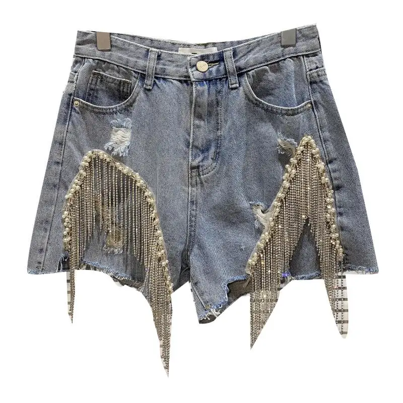 

V-type Water Drill Tassel Drill Chain Women Denim Shorts 2021 Summer New Fashionable Rough Edge Denim Shorts