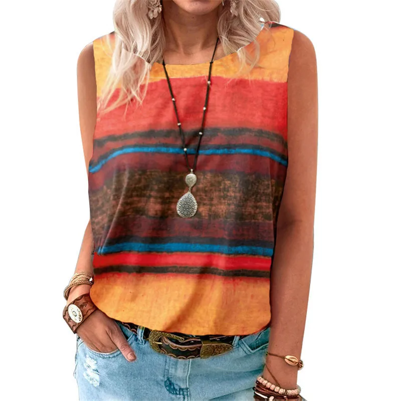 

Женская футболка в полоску, рубашка без рукавов с градиентным контрастным переходом цвета и круглым вырезом, лето 2021