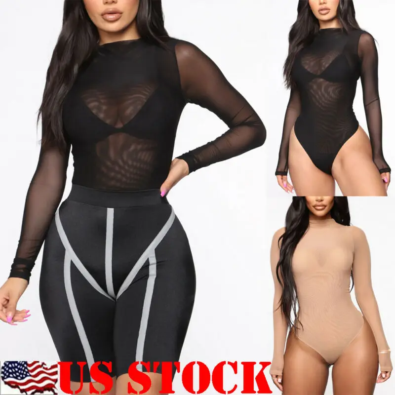 Женское прозрачное блестящее боди с высоким вырезом и длинным рукавом|Боди| |