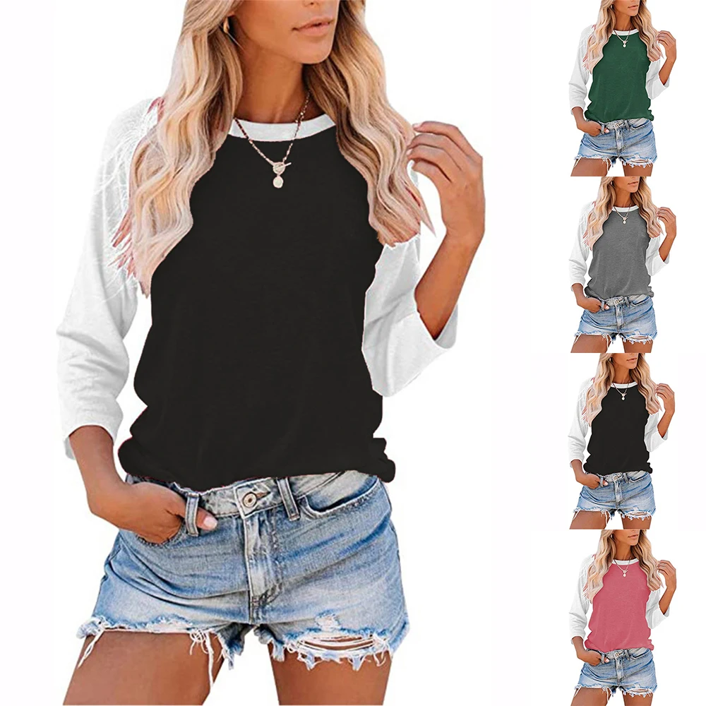 

Women Three Quarter Sleeve Shirt Patchwork Crew Neck Top Casual Loose Pullover